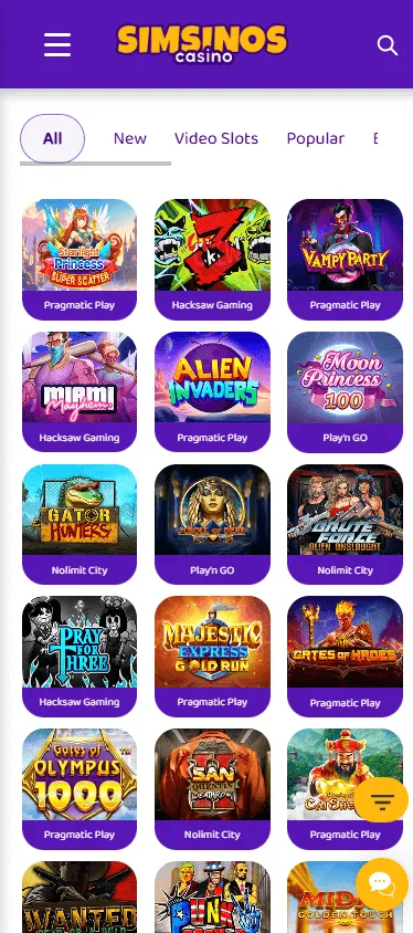 Simsinos Casino games area on a mobile device
