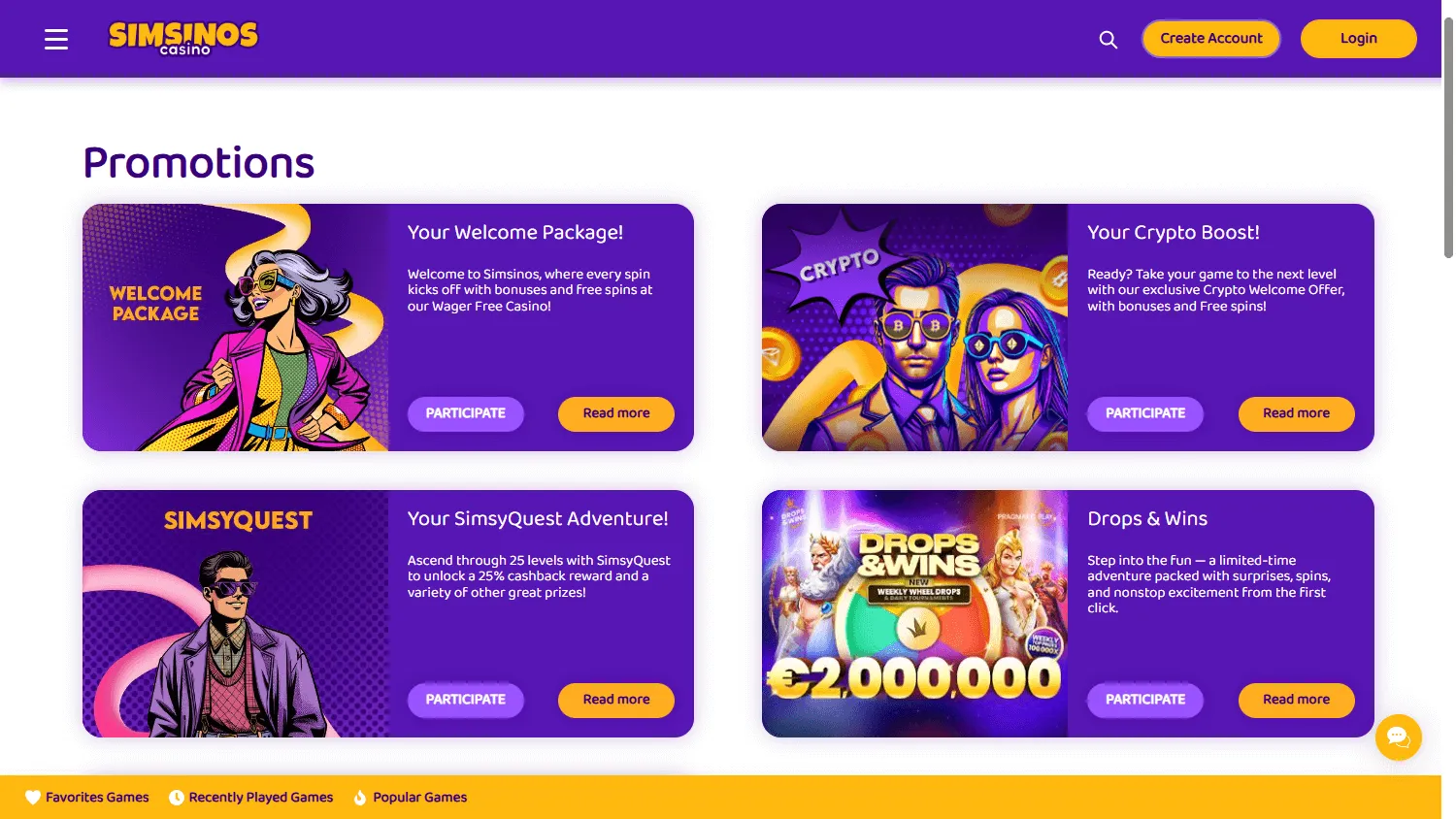 Simsinos Casino promotions area on desktop
