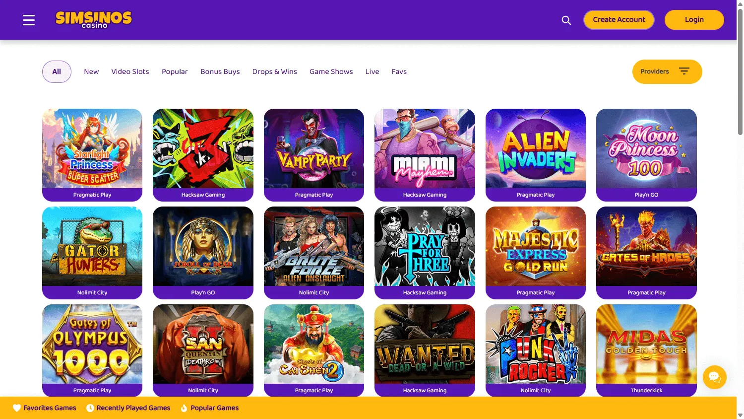 Simsinos Casino games area on desktop
