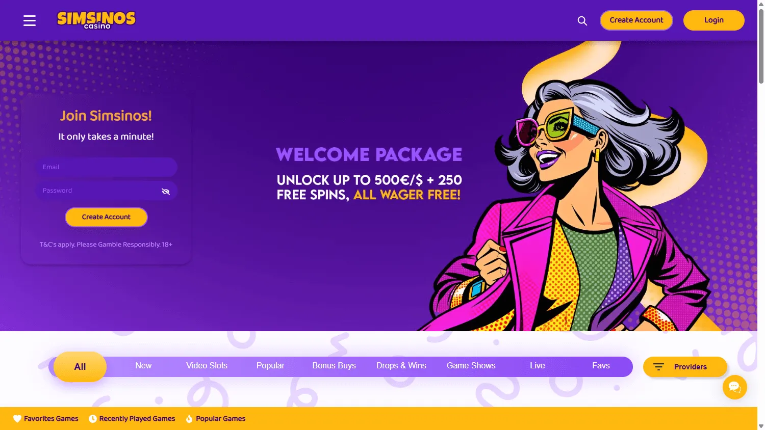 Simsinos Casino home experience on desktop
