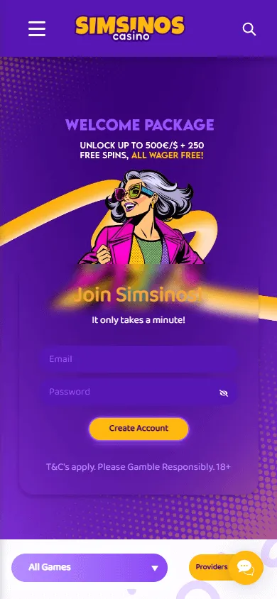 Simsinos Casino home experience on a mobile device