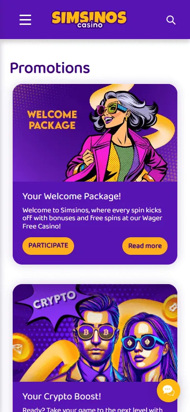 Simsinos Casino promotions area on a mobile device